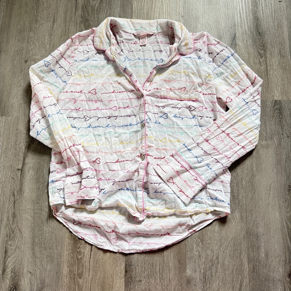 Victoria's Secret White and Pink Script Pajama Top sz XS